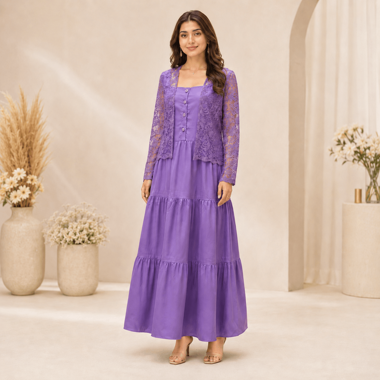 RBF 2 Piece - Silk Maxi Paired With Net Cardigan
