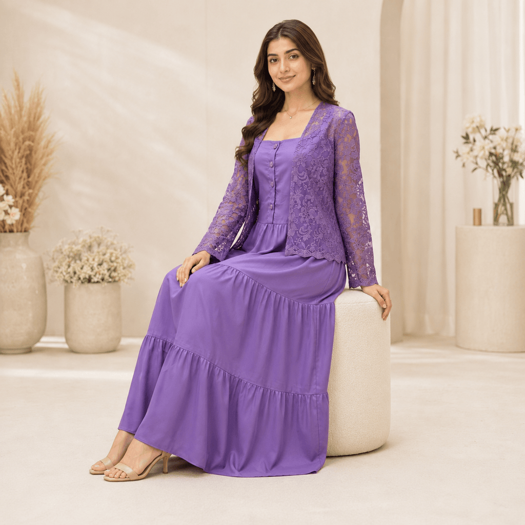 RBF 2 Piece - Silk Maxi Paired With Net Cardigan