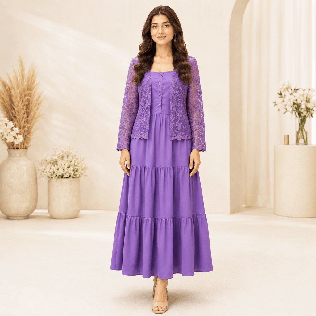 RBF 2 Piece - Silk Maxi Paired With Net Cardigan
