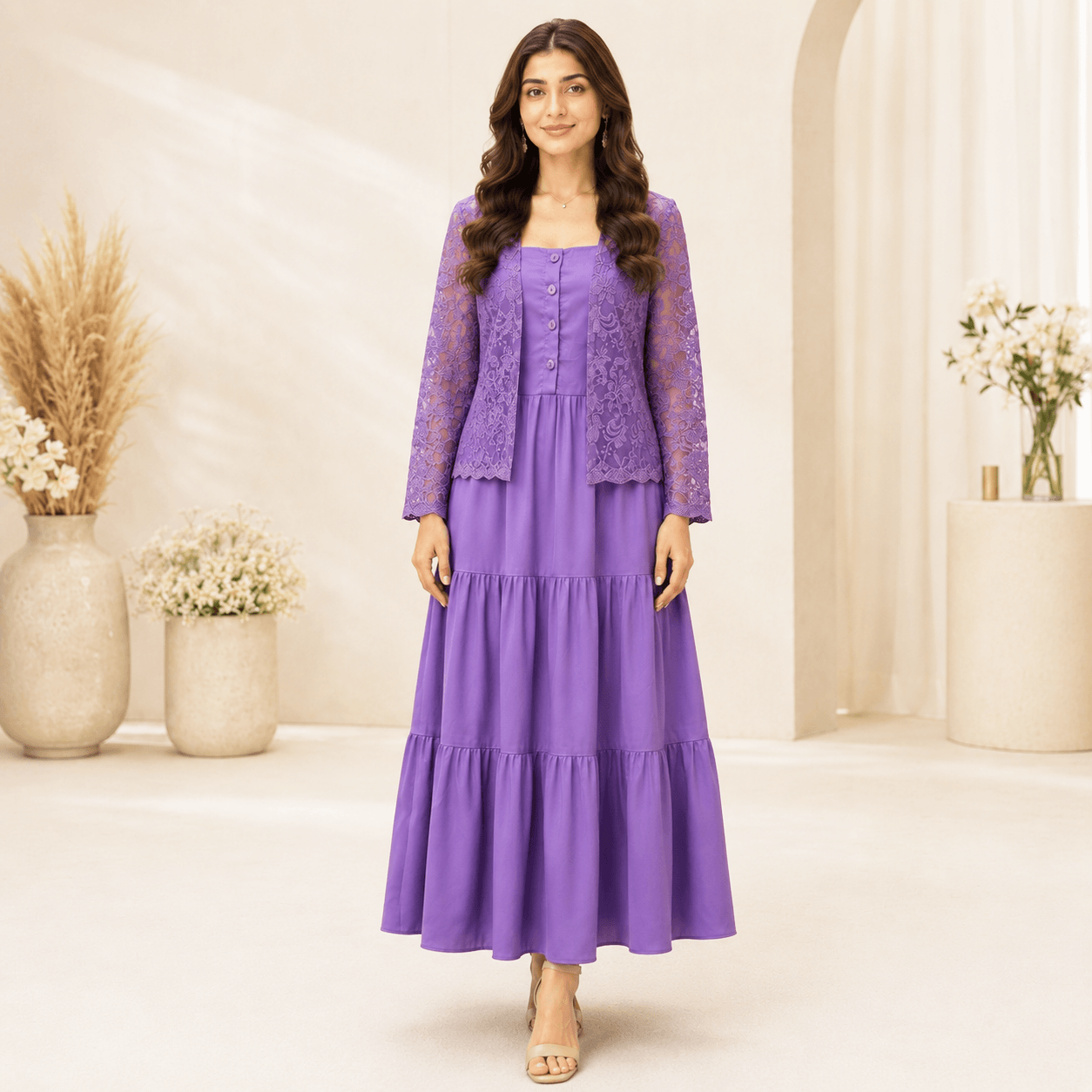 RBF 2 Piece - Silk Maxi Paired With Net Cardigan